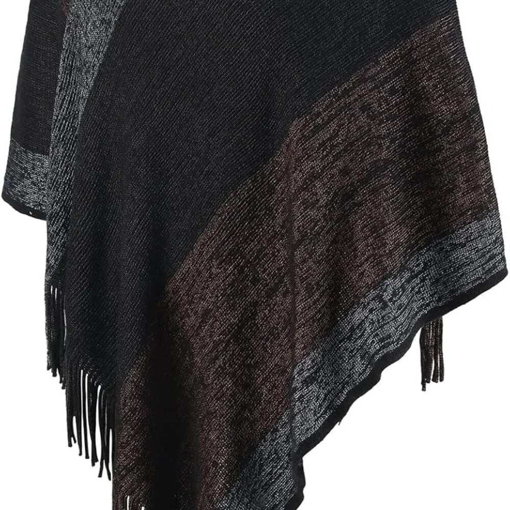 Women's Elegant Knitted Shawl Poncho with Fringed V-Neck Striped Sweater Pullove - Picture 2 of 3